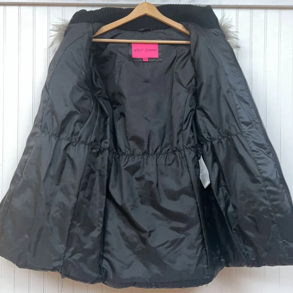 Betsey Johnson Women's M Black Puffer Coat Faux Fur Collar Warm Winter Jacket - Picture 8 of 12
